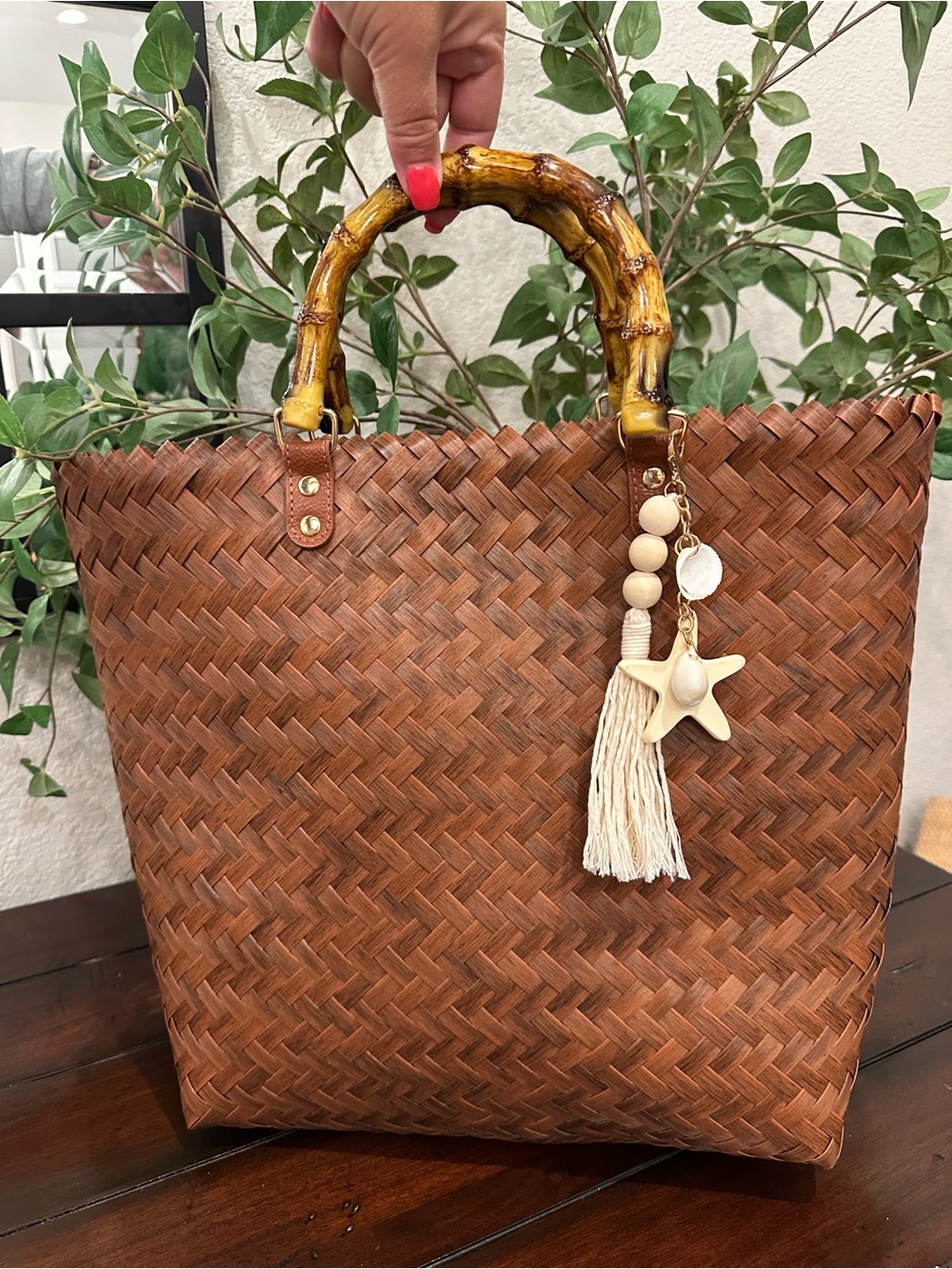 Tommy Bahama Woven Brown Tote with Bamboo-Style Handles
